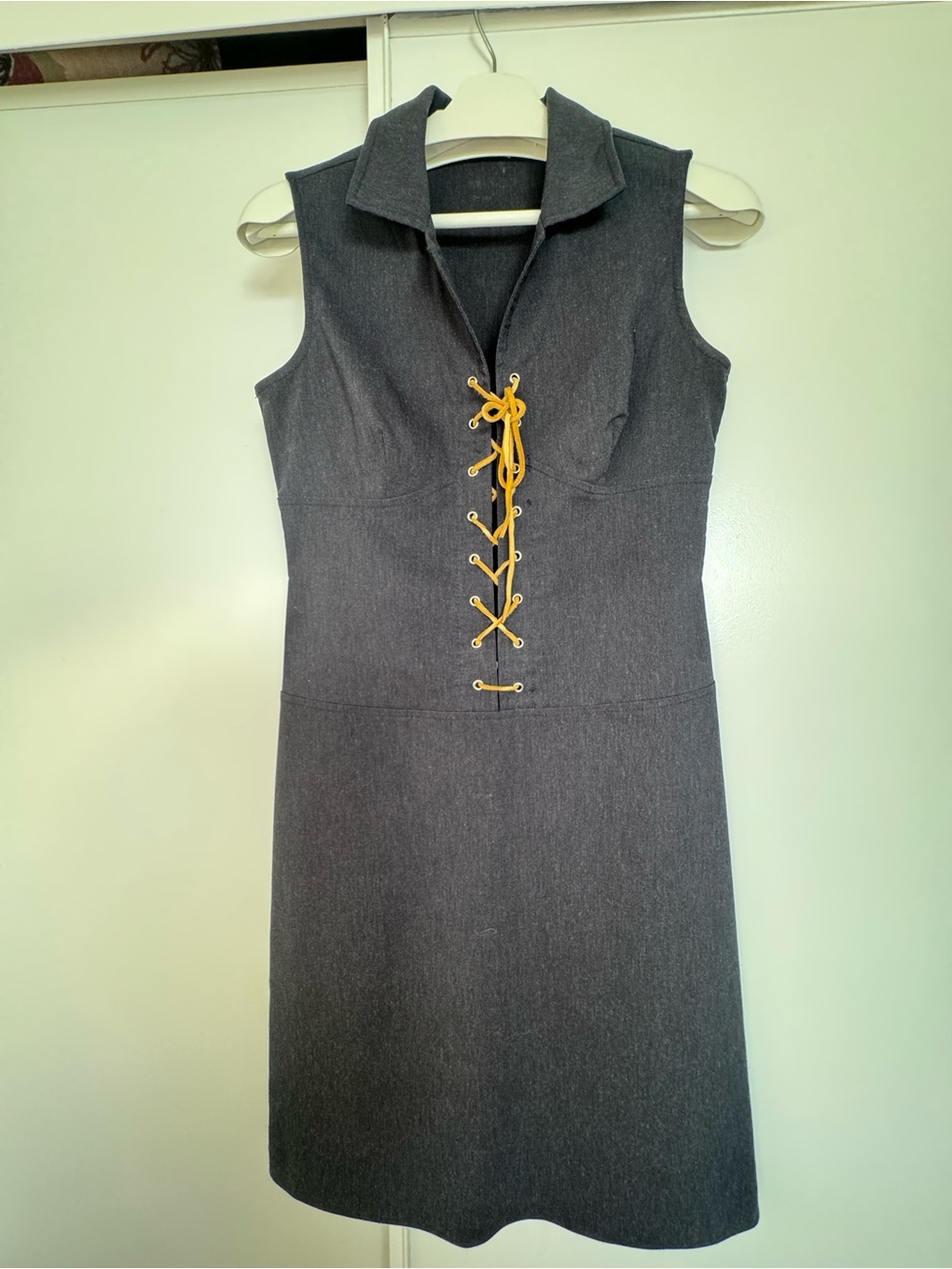 Sleeveless Charcoal Midi Dress with Gold Lace-Up Front